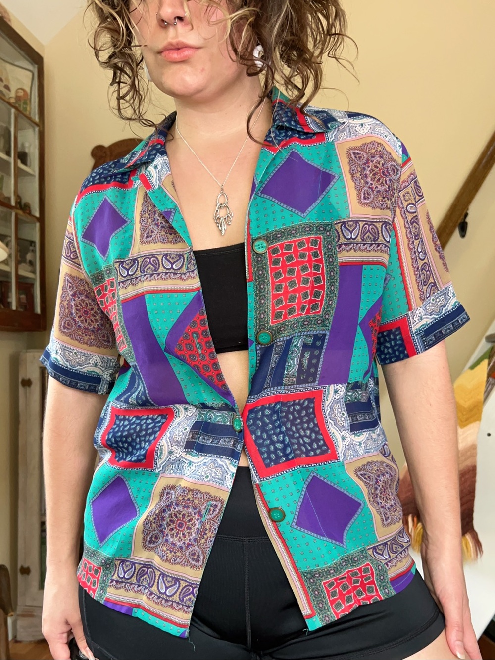 Vintage 90s Teal Paisley Bandana Patchwork Sheer Button Up Boho Blouse Festival